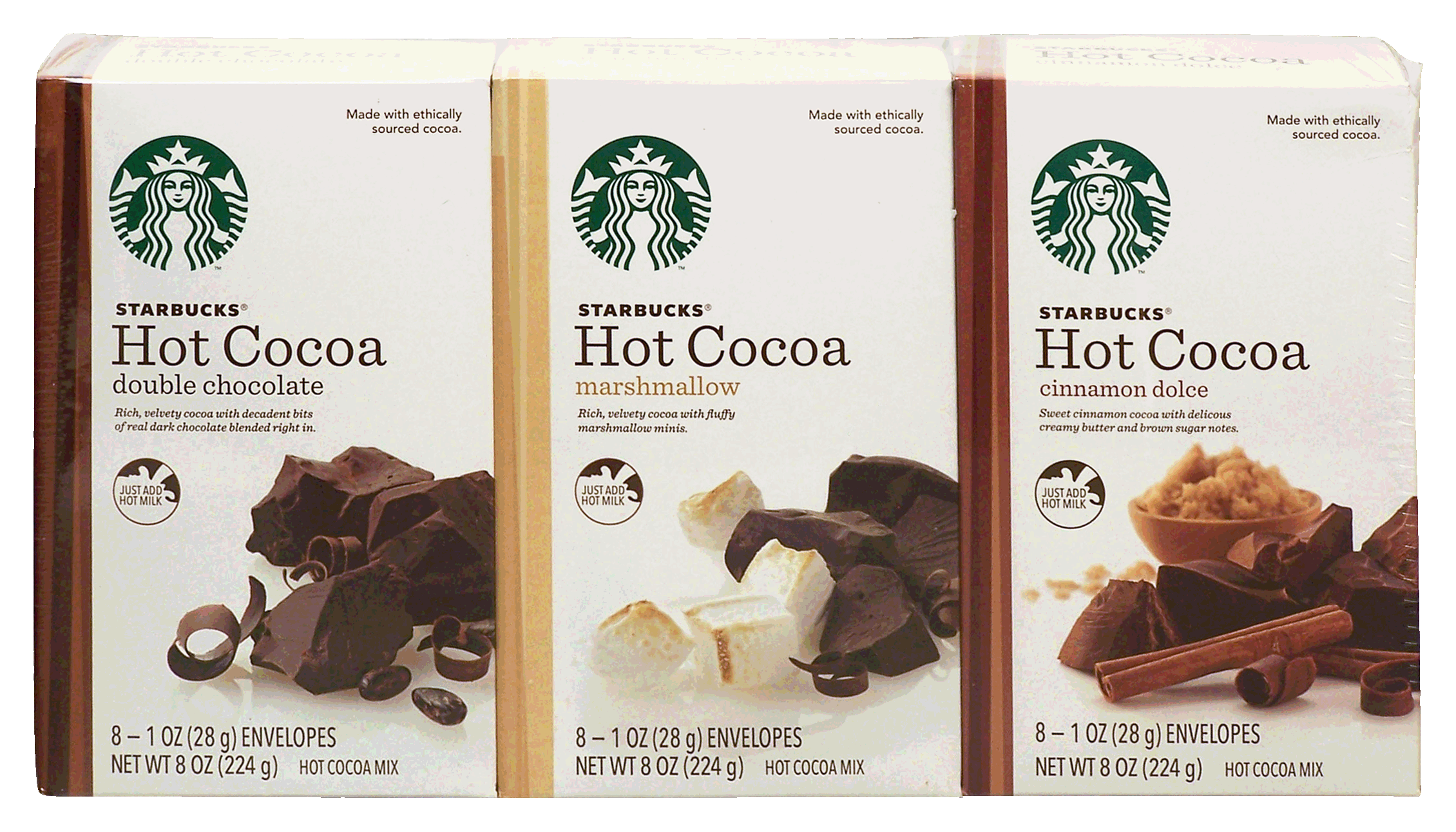 Starbucks  hot cocoa variety; double chocolate, marshmallow, cinnamon dolce, each box 8 1-oz. envelopes Full-Size Picture